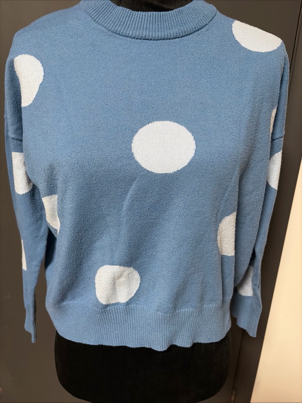 Tahari Blue Crewneck Sweater with White Polka Dots